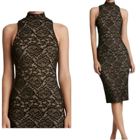Dress The Population Black Nude Norah High Neck Bodycon Midi Dress Size Large - Picture 1 of 10